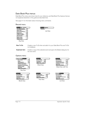 Page 114Page 114 Application Specific Tasks
Date Book Plus menus
Date Book Plus menus are shown here for your reference, and Date Book Plus features that are 
not explained elsewhere in this guide are described here.
See page 31 for information about choosing menu commands.
Record menu
 
 
Options menu 
New To Do 
Creates a new To Do item and adds it to your Date Book Plus and To Do 
List database.
Duplicate Item
Creates a copy of the selected event and opens the Details dialog box for 
the new event.
List View...