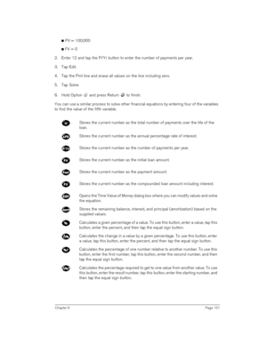 Page 151Chapter 6Page 151
nPV = 100,000
nFV = 0
2. Enter 12 and tap the P/Yr button to enter the number of payments per year.
3. Tap Edit.
4. Tap the Pmt line and erase all values on the line including zero.
5. Tap Solve.
6. Hold Option   and press Return   to finish.
You can use a similar process to solve other financial equations by entering four of the variables 
to find the value of the fifth variable.
Stores the current number as the total number of payments over the life of the 
loan.
Stores the current...