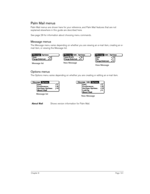 Page 191Chapter 8Page 191
Palm Mail menus
Palm Mail menus are shown here for your reference, and Palm Mail features that are not 
explained elsewhere in this guide are described here.
See page 29 for information about choosing menu commands.
Message menus
The Message menu varies depending on whether you are viewing an e-mail item, creating an e-
mail item, or viewing the Message list.
Options menus
The Options menu varies depending on whether you are creating or editing an e-mail item.
About MailShows version...