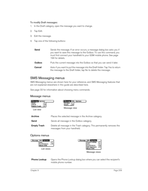 Page 209Chapter 9Page 209
To modify Draft messages:
1. In the Draft category, open the message you want to change.
2. Tap Edit.
3. Edit the message.
4. Tap one of the following buttons:
SMS Messaging menus
SMS Messaging menus are shown here for your reference, and SMS Messaging features that 
are not explained elsewhere in this guide are described here.
See page 33 for information about choosing menu commands.
Message menus
 
 
Options menus
 
 
SendSends the message. If an error occurs, a message dialog box...