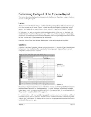 Page 227Appendix CPage 227
Determining the layout of the Expense Report
This section describes the layout considerations for the Expense Report and explains the terms 
used for creating the report. 
Labels
There are two kinds of labels that you need to define for your report: day/date and expense type. 
Each kind of label can be either Fixed or Variable. A Fixed label means that the label 
always 
appears as a header at the beginning of a row or column. If a label is not Fixed, it is variable.
For example, a...