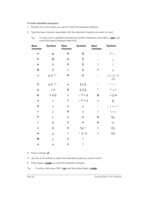 Page 32Page 32  Entering Data in Your Handheld
To enter extended characters:
1. Position the cursor where you want to insert the extended character.
2. Type the base character associated with the extended character you want to insert:
Tip: To view a list of available accented and symbol characters, press Menu   and 
under Edit select Keyboard Help (/G).
3. Press ListType  . 
4. Use the scroll buttons to select the extended symbol you want to insert.
5. Press Space   to insert the extended character.
Tip: To...