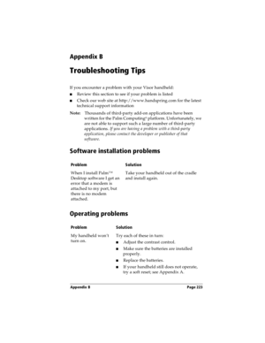 Page 231Appendix B Page 223
Appendix B
Troubleshooting Tips
If you encounter a problem with your Visor handheld:
nReview this section to see if your problem is listed 
nCheck our web site at http://www.handspring.com for the latest 
technical support information
Note:Thousands of third-party add-on applications have been 
written for the Palm Computing
® platform. Unfortunately, we 
are not able to support such a large number of third-party 
applications. If you are having a problem with a third-party...
