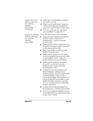 Page 237Appendix B Page 229
I tried to do a local 
HotSync operation, 
but it did not 
complete 
successfully. 
(continued)nMake sure your handheld is seated in 
the cradle correctly.
nMake sure the gold-plated connectors 
on the cradle and your handheld are 
clean. Use a pencil eraser to clean them.
nPerform a soft reset. See “Resetting 
your handheld” in Appendix A.
I tried to do a modem 
HotSync operation, 
but it did not 
complete 
successfully.Check the following on your computer:
nMake sure your computer...