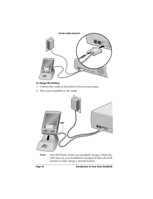 Page 20Page 10  Introduction to Your Visor Handheld
To charge the battery:
1. Connect the cradle as described in the previous steps.
2. Place your handheld in the cradle.
Note:
The LED blinks while your handheld charges. When the 
LED stays on, your handheld is charged. It takes about 90 
minutes to fully charge a drained battery.
Serial cradle and port
LED 