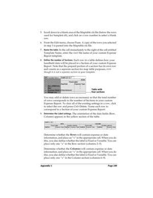 Page 259Appendix C Page 249
5. Scroll down to a blank area of the Maptable.xls file (below the rows 
used for Sample4.xlt), and click on a row number to select a blank 
row.
6. From the Edit menu, choose Paste. A copy of the rows you selected 
in step 3 is pasted into the Maptable.xls file.
7.
Name the table. In the cell immediately to the right of the cell entitled 
Template Name, enter the exact
 file name of your custom Expense 
Report template. 
8.
Define the number of Sections. Each row in a table defines...
