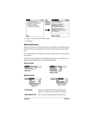 Page 141Chapter 6 Page 141
2. Review or edit the text in the memo. 
3. Tap Done.
Memo Pad menus
Memo Pad menus are shown here for your reference, and Memo Pad 
features that are not explained elsewhere in this guide are described 
here.
See “Using menus” in Chapter 1 for information about choosing menu 
commands.
The Record and Options menus differ depending on whether you’re 
displaying the Memo list or an individual memo.
Record menus
Options menus
Preferences 
Displays the Memo Preferences dialog box, 
where...