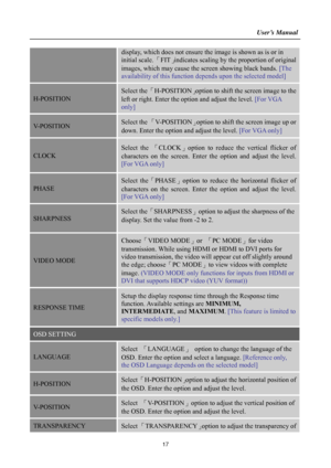 Page 17
                                                                    User’s Manual  
display, which does not ensure the image is shown as is or in 
initial scale. 「FIT」indicates scaling by the  proportion of original 
images, which may cause the screen showing black bands.  [The 
availability of this function depends upon the selected model]  
H-POSITION 
Select the 「H-POSITION 」option to shift the screen image to the 
left or right. Enter the op tion and adjust the level. [For VGA 
only] 
V-POSITION...