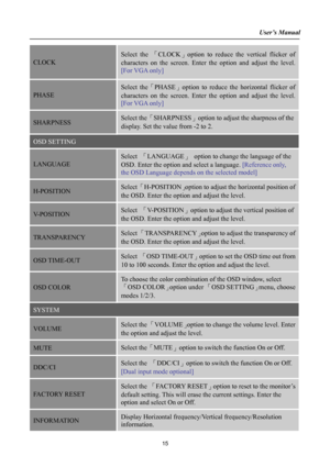 Page 15
User’s Manual  
CLOCK  
Select the 「CLOCK」option to reduce the vertical flicker of 
characters on the screen. Enter the option and adjust the level. 
[For VGA only] 
PHASE  
Select the「PHASE」option to reduce the horizontal flicker of 
characters on the screen. Enter the option and adjust the level. 
[For VGA only] 
SHARPNESS Select the「SHARPNESS」option to adjust the sharpness of the 
display. Set the value from -2 to 2. 
OSD SETTING 
LANGUAGE 
Select 「LANGUAGE」 option to change the language of the 
OSD....
