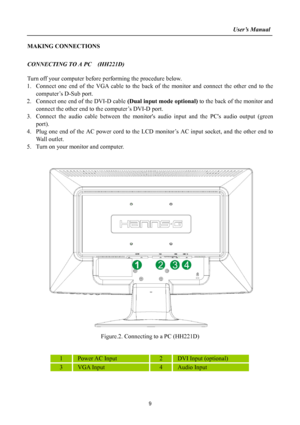 Page 9
                                                                    User’s Manual  
MAKING CONNECTIONS 
 
CONNECTING TO A PC  (HH221D) 
 
Turn off your computer before performing the procedure below.  
1. Connect one end of the VGA cable to the back of the monitor and connect the other end to the 
computer’s D-Sub port. 
2. Connect one end of the DVI-D cable (Dual input mode optional) to the back of the monitor and 
connect the other end to the computer’s DVI-D port. 
3. Connect the audio cable between...