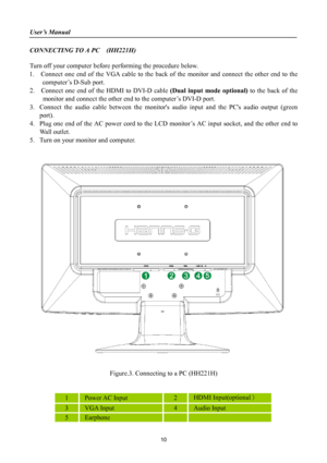 Page 10
User’s Manual 
 
CONNECTING TO A PC  (HH221H) 
 
Turn off your computer before performing the procedure below.  
1.  Connect one end of the VGA cable to the back of the monitor and connect the other end to the 
computer’s D-Sub port. 
2.  Connect one end of the HDMI to DVI-D cable (Dual input mode optional) to the back of the 
monitor and connect the other end to the computer’s DVI-D port. 
3. Connect the audio cable between the monitors audio input and the PCs audio output (green 
port). 
4. Plug one...
