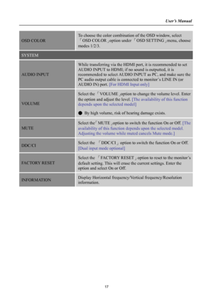 Page 17
                                                                    User’s Manual  
OSD COLOR 
To choose the color combination of the OSD window, select 
「OSD COLOR」option under 「OSD SETTING」menu, choose 
modes 1/2/3. 
SYSTEM 
AUDIO INPUT 
While transferring via the HDMI port, it is recommended to set 
AUDIO INPUT to HDMI; if no sound is outputted, it is 
recommended to select AUDIO INPUT as PC, and make sure the 
PC audio output cable is connected to monitor’s LINE IN (or 
AUDIO IN) port. [For HDMI...