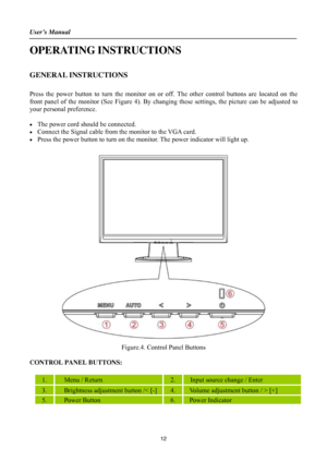 Page 12User’s Manual 
 
12 
OPERATING INSTRUCTIONS 
 
GENERAL INSTRUCTIONS   
   
Press the power button to turn the monitor on or off. The other control buttons are located on the 
front panel of the monitor (See Figure 4). By changing these settings, the picture can be adjusted to 
your personal preference. 
 
•  The power cord should be connected. 
•  Connect the Signal cable from the monitor to the VGA card. 
•  Press the power button to turn on the monitor. The power indicator will light up. 
 
 
Figure.4....