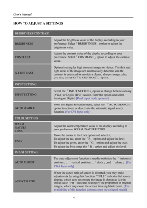 Page 14User’s Manual 
 
14 
HOW TO ADJUST A SETTINGS 
 
BRIGHTNESS/CONTRAST 
BRIGHTNESS 
Adjust the brightness value of the display according to your 
preference. Select「BRIGHTNESS」option to adjust the 
brightness value. 
CONTRAST 
Adjust the contrast value of the display according to your 
preference. Select「CONTRAST」option to adjust the contrast 
value. 
X-CONTRAST 
Optimal setting for high contrast images or videos. The dark and 
light areas of the image are automatically detected, and the 
contrast is...