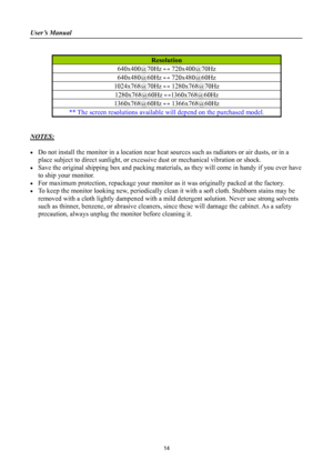 Page 14
User’s Manual 
 
 
Resolution 
640x400@70Hz ↔ 720x400@70Hz 
640x480@60Hz ↔ 720x480@60Hz 
1024x768@70Hz ↔ 1280x768@70Hz 
1280x768@60Hz ↔1360x768@60Hz 
1360x768@60Hz ↔ 1366x768@60Hz 
** The screen resolutions available will depend on the purchased model. 
 
 
NOTES: 
 
• Do not install the monitor in a location near heat sources such as radiators or air dusts, or in a 
place subject to direct sunlight, or excessive dust or mechanical vibration or shock. 
• Save the original shipping box and packing...