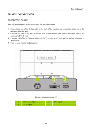 Page 11                                                                    User’s Manual  
 
11
MAKING CONNECTIONS 
 
CONNECTING TO A PC 
 
Turn off your computer before performing the procedure below.   
 
1. Connect one end of the D-Sub cable to the back of the monitor and connect the other end to the 
computer’s D-Sub port. 
2. Connect one end of the DVI-D to the back of the monitor and connect the other end to the 
computers DVI-D port. 
3. Plug one end of the AC power cord to the LCD monitor’s AC input...