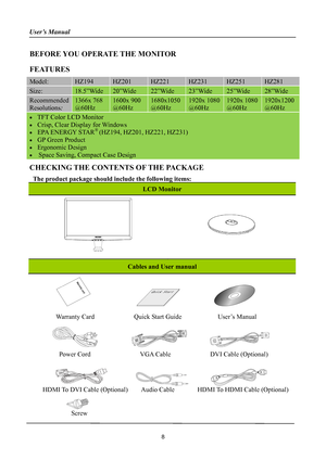 Page 8
User’s Manual 
 
8 
BEFORE YOU OPERATE THE MONITOR 
FEATURES 
Model: HZ194 HZ201 HZ221 HZ231 HZ251 HZ281 
Size: 18.5”Wide 20”Wide 22”Wide 23”Wide 25”Wide 28”Wide 
Recommended 
Resolutions: 
1366x 768 
@60Hz 
1600x 900 
@60Hz 
1680x1050 
@60Hz 
1920x 1080
@60Hz 
1920x 1080 
@60Hz 
1920x1200 
@60Hz 
•  TFT Color LCD Monitor 
•  Crisp, Clear Display for Windows 
•  EPA ENERGY STAR® (HZ194, HZ201, HZ221, HZ231) 
•  GP Green Product 
• Ergonomic Design 
•    Space Saving, Compact Case Design 
CHECKING THE...