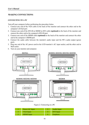 Page 10
User’s Manual 
 
10 
MAKING CONNECTIONS 
 
CONNECTING TO A PC 
 
Turn off your computer before performing the procedure below.   
1.  Connect one end of the VGA cable to the back of the monitor and connect the other end to the 
computer’s D-Sub port. 
2.  Connect one end of the DV I-D or HDMI to DVI cable  (optional) to the back of the monitor and 
connect the other end to th e computers DVI-D port. 
3.  Connect one end of the HDMI cable  (optional) to the back of the monitor and connect the other 
end...