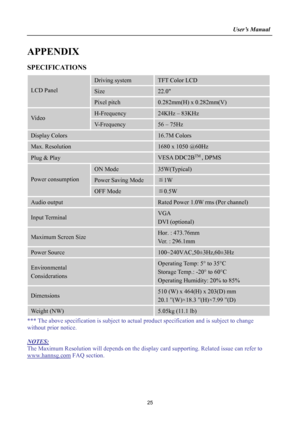 Page 25
                                                                    User’s Manual  
APPENDIX 
SPECIFICATIONS  
Driving system TFT Color LCD 
Size 22.0  LCD Panel 
Pixel pitch 0.282mm(H) x 0.282mm(V) 
H-Frequency 24KHz – 83KHz Video 
V-Frequency 56 – 75Hz 
Display Colors 16.7M Colors 
Max. Resolution 1680 x 1050 @60Hz 
Plug & Play VESA DDC2BTM , DPMS 
ON Mode 35W(Typical)
 
Power Saving Mode ≦1W Power consumption 
OFF Mode ≦0.5W 
Audio output Rated Power 1.0W rms (Per channel) 
Input Terminal VGA 
DVI...