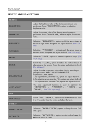 Page 14User’s Manual 
 
14 
HOW TO ADJUST A SETTINGS 
 
PICTURE  
BRIGHTNESS 
Adjust the brightness value of the display according to your 
preference. Select「BRIGHTNESS」option to adjust the 
brightness value. 
CONTRAST 
Adjust the contrast value of the display according to your 
preference. Select 「CONTRAST」option to adjust the contrast 
value. 
H-POSITION 
Select the  「H-POSITION 」  option to shift the screen image to 
the left or right. Enter the  option and adjust the level.  [For VGA 
only] 
V-POSITION...