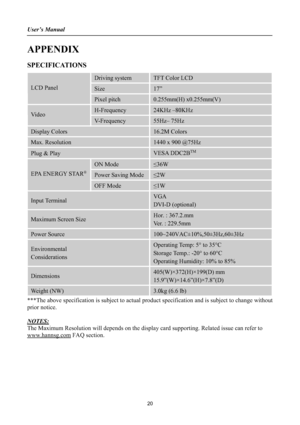 Page 20User’s Manual 
APPENDIX
SPECIFICATIONS
Driving systemTFT Color LCD 
Size17”LCD Panel
Pixel pitch 0.255mm(H) x0.255mm(V)
H-Frequency24KHz –80KHzVideo
V-Frequency55Hz– 75Hz 
Display Colors 16.2M Colors 
Max. Resolution 1440 x 900 @75Hz 
Plug & Play VESA DDC2BTM
ON Mode ”36W
Power Saving Mode ”2WEPA ENERGY STAR®
OFF Mode ”1W
Input TerminalVGA
DVI-D (optional) 
Maximum Screen Size Hor. : 367.2.mm
Ver. : 229.5mm
Power Source 100~240VAC±10%,50±3Hz,60±3Hz
Environmental
Considerations
Operating Temp: 5° to 35°C...