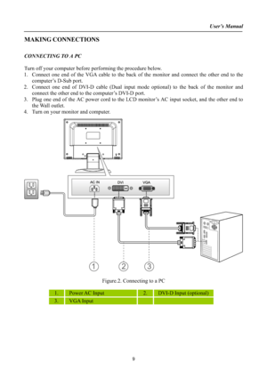 Page 9User’s Manual
MAKING CONNECTIONS 
CONNECTING TO A PC 
Turn off your computer before performing the procedure below.
1. Connect one end of the VGA cable to the back of the monitor and connect the other end to the 
computer’s D-Sub port. 
2. Connect one end of DVI-D cable (Dual input mode optional) to the back of the monitor and 
connect the other end to the computer’s DVI-D port. 
3. Plug one end of the AC power cord to the LCD monitor’s AC input socket, and the other end to 
the Wall outlet.
4. Turn on...