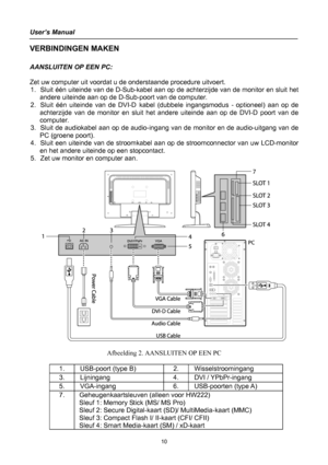 Page 10
User’s Manual 
 
VERBINDINGEN MAKEN 
 
AANSLUITEN OP EEN PC: 
 
Zet uw computer uit voordat u de onderstaande procedure uitvoert.  
1. Sluit één uiteinde van de D-Sub-kabel aan op de achterzijde van de monitor en sluit het 
andere uiteinde aan op de D-Sub-poort van de computer. 
2. Sluit één uiteinde van de DVI-D kabel (dubbele ingangsmodus - optioneel) aan op de 
achterzijde van de monitor en sluit het andere uiteinde aan op de DVI-D poort van de 
computer. 
3. Sluit de audiokabel aan op de...