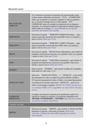 Page 16
Manual del usuario 
 16 
 
RELACIÓN DE 
ASPECTO 
Si la relación de aspecto de la pantalla está distorsionada, puede 
realizar ajustes utilizando esta función. 「FULL 」(COMPLETO) 
indica que la pantalla se mostrará  completa, lo cual no garantiza 
que se muestre la imagen con su escala original. 「FIT 」
(APROPIAR) indica el escalado  en proporción de las imágenes 
originales, lo cual podría implicar  la aparición de bandas negras a 
ambos lados de la imagen. [La disponibilidad de esta función 
dependerá...