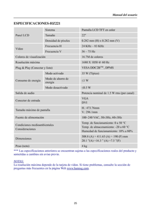 Page 25
Manual del usuario  
25 
ESPECIFICACIONES-HZ221 
Panel LCD  
Sistema Pantalla LCD TFT en color 
Tamaño 22 
Densidad de píxeles 0.282 mm (H) x 0.282 mm (V) 
Vídeo 
Frecuencia H 24 KHz – 83 KHz 
Frecuencia V 56 – 75 Hz 
Colores de visualización 16.7M de colores 
Resolución máxima 1680 X 1050  @ 60 Hz 
Plug & Play (Conectar y listo) VESA DDC2BTM
 , DPMS 
Consumo de energía 
Modo activado 35 W (Típico) 
Modo de ahorro de 
energía ≤1 W 
Modo desactivado ≤0.5 W 
Salida de audio Potencia nominal de 1.5 W rms...