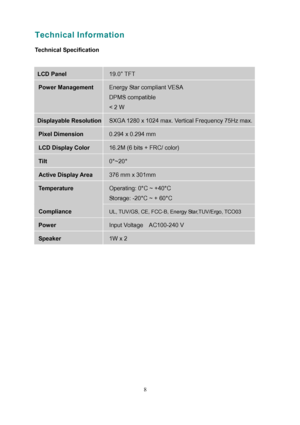 Page 13
Technical Information 
 
Technical Specification 
 
 
8 
LCD Panel   
19.0” TFT 
 
Power Management Energy Star compliant VESA 
DPMS compatible 
< 2 W 
Displayable Resolution SXGA 1280 x 1024 max. Vertical Frequency 75Hz max. 
Pixel Dimension 0.294 x 0.294 mm 
LCD Display Color 16.2M (6 bits + FRC/ color) 
Tilt 0°~20° 
Active Display Area 376 mm x 301mm   
Temperature Operating: 0°C ~ +40°C 
Storage: -20°C ~ + 60°C 
Compliance UL, TUV/GS, CE, FCC-B, Energy Star,TUV/Ergo, TCO03 
Power Input Voltage...