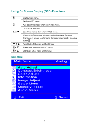 Page 9
Using On Screen Display (OSD) Functions 
 
Display main menu. 1 
Exit from OSD menu. 
Auto adjust the image when not in main menu. 2 
Confirm the selection. 
Select the desired item when in OSD menu. V  or  W 
When not in OSD menu, it is to  immediately activate Contrast/ 
Brightness. It should be change to Contrast/ Brightness by pressing 
button 
2. 
▼  +  ▲ Recall both of Contrast and Brightness. 
1 + ▼  Power Lock (when not in OSD menu) 
1 + ▲ OSD Lock (when not in OSD menu) 
 
Main Menu 
4 
 
 