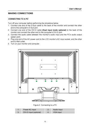 Page 13
User’s Manual 
 1
3 
MAKING CONNECTIONS 
 
CONNECTING TO A PC 
 
Turn off your computer before performing the procedure below.   
1.  Connect one end of the D-Sub cable to the  back of the monitor and connect the other 
end to the computer’s D-Sub port. 
2.  Connect one end of the DVI-D cable  (Dual input mode optional) to the back of the 
monitor and connect the other end to the computer’s DVI-D port. 
3.  Connect the audio cable between the monito rs audio input and the PCs audio output 
(green port)....