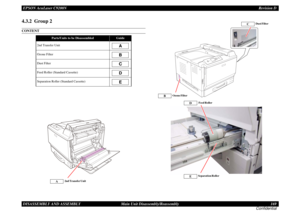 Page 169EPSON AcuLaser C9200NRevision D
DISASSEMBLY AND ASSEMBLY      Main Unit Disassembly/Reassembly 169
Confidential4.3.2  Group 2CONTENT
Parts/Units to be Disassembled
Guide
2nd Transfer UnitOzone FilterDust FilterFeed Roller (Standard Cassette)Separation Roller (Standard Cassette)
ABCDE
2nd Transfer Unit
A
Feed Roller
D
Separation Roller
E
Ozone Filter
B
Dust Filter
C 