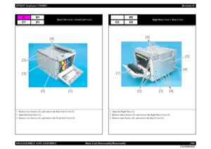 Page 194EPSON AcuLaser C9200NRevision D
DISASSEMBLY AND ASSEMBLY      Main Unit Disassembly/Reassembly 194
Confidential
Rear Left Cover + Front Left Cover
1. Remove two Screws [2], and remove the Rear Left Cover [3].
2. Open the Front Door [1].
3. Remove two Screws [4], and remove the Front Left Cover [5].
A1
B1
C1
D1
[1] [2]
[3][4]
[5]
Right Rear Cover + Rear Cover
1. Open the Right Door [1].
2. Remove three Screws [2], and remove the Right Rear Cover [3].
3. Remove nine Screws [4], and remove the Rear Cover...