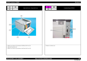 Page 200EPSON AcuLaser C9200NRevision D
DISASSEMBLY AND ASSEMBLY      Main Unit Disassembly/Reassembly 200
Confidential
Rear Left Cover + Front Left Cover
1. Remove two Screws [2], and remove the Rear Left Cover [3].
2. Open the Front Door [1].
3. Remove two Screws [4], and remove the Front Left Cover [5].
A1
B1
C1
[1] [2]
[3][4]
[5]
Controller Board (PWB-P)
1. Remove six Screws [1].
A2
B2
C2 