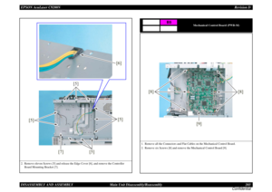 Page 203EPSON AcuLaser C9200NRevision D
DISASSEMBLY AND ASSEMBLY      Main Unit Disassembly/Reassembly 203
Confidential2. Remove eleven Screws [5] and release the Edge Cover [6], and remove the Controller 
Board Mounting Bracket [7].
[5]
[5]
[5]
[5] [7]
[6]
Mechanical Control Board (PWB-M)
1. Remove all the Connectors and Flat Cables on the Mechanical Control Board. 
2. Remove six Screws [8] and remove the Mechanical Control Board [9]. 
B5
[8]
[9]
[8] 