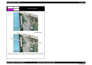 Page 205EPSON AcuLaser C9200NRevision D
DISASSEMBLY AND ASSEMBLY      Main Unit Disassembly/Reassembly 205
Confidential
RTC Board (PWB-R)
1. Disconnect the Connector [1], and remove two Screws [2], and remove the RTC Board [3].
C5
[2]
[3]
[1]
4039F2C034DA 