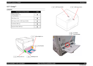 Page 210EPSON AcuLaser C9200NRevision D
DISASSEMBLY AND ASSEMBLY      Main Unit Disassembly/Reassembly 210
Confidential4.3.7  Group 7CONTENT
Parts/Units to be Disassembled
Guide
MP tray Left Cover 
+ MP tray Right Cover 
+ Tray ExtensionMulti Bypass UnitIDC Sensor/1 (SE1) + IDC Sensor/2 (SE2)Feed Roller (MP tray)Separation Roller (MP tray)
ABCDE
 MP tray Right CoverA
Tray Extension
MP tray Left Cover
A
Multi Bypass Unit
B
A
IDC Sensor/1 (SE1) IDC Sensor/2 (SE2)
C
C
Feed Roller
DE
Separation Roller 