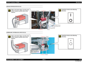 Page 302EPSON AcuLaser C9200NRevision D
DISASSEMBLY AND ASSEMBLY      Others 302
Confidential[4]MAIN POWER SWITCH (S1)[5]PRIMARY INTERLOCK SWITCH (S2)
Main Power  
Switch (S1) DC Power Supply
HookHook
Front Left
ConnectorConnector
Install the Switch in the following 
direction.
Refer to the below figure, note the color 
of the Connector and the color of the 
Harness.
Hook ConnectorCover Connector
Right Door Switch Assy 
(Refer to PH Interface 
Board (PWB-D) (p175))
Refer to the below figure, note the color 
of...