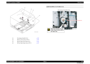 Page 304EPSON AcuLaser C9200NRevision D
DISASSEMBLY AND ASSEMBLY      Others 304
Confidential
[1]DEVELOPING CLUTCH/K (CL4)
[1]
Developing Clutch/K (CL4)p.304 
[2]
MP tray Lift-Up Sensor (PC14)p.305 
[3]
MP tray Paper Feed Clutch (CL5)p.305 
[4]
MP tray Paper Empty Sensor (PC13)p.305 
4039F5C505DA
[1]
[2]
[3]
[4]
Developing Clutch/K (CL4)
Rear LeftConnector
Match the Rotation Stopper 
of the Clutch with the tab of 
the Main Unit.  