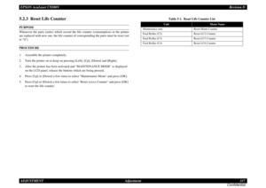 Page 317EPSON AcuLaser C9200NRevision D
ADJUSTMENT      Adjustment 317
Confidential5.2.3  Reset Life CounterPURPOSEWhenever the parts (units) which record the life counter (consumption) in the printer 
are replaced with new one, the life counter of corresponding the parts must be reset (set 
to 0).PROCEDURE1. Assemble the printer completely.2. Turn the printer on to keep on pressing [Left], [Up], [Down] and [Right].3. After the printer has been activated and 
“MAINTENANCE MODE
” is displayed 
on the LCD panel,...