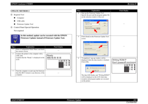 Page 323EPSON AcuLaser C9200NRevision D
ADJUSTMENT      Firmware Update 323
ConfidentialUPDATE METHOD 2†Required Tool
„Computer
„USB cable
„Firmware Update Tool†
Control Panel Special OperationNot required
	

In this method, update can be executed with the EPSON 
Firmware Updater instead of Firmware Update Tool.
Step
Explanation
Panel display
1
Print a Configuration Status Sheet, and check 
the current version.---
2
Connect the printer to the computer with a 
USB cable. 
Confirm that the “Ready” is...