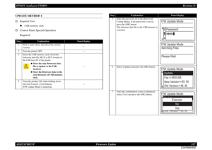 Page 327EPSON AcuLaser C9200NRevision D
ADJUSTMENT      Firmware Update 327
ConfidentialUPDATE METHOD 4†Required Tool
„USB memory stick†
Control Panel Special OperationRequired
Step
Explanation
Panel display
1
Print a status sheet, and check the current 
version.---
2
Turn the printer OFF. ---
3
Insert the USB memory stick stored the 
firmware data file (RCX or EFU format) to 
the USB host I/F of the printer.
„Store the only firmware data 
file to update to the USB 
memory.„Store the firmware data to the 
root...