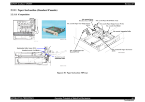 Page 66EPSON AcuLaser C9200NRevision D
OPERATING PRINCIPLES      Operating Principle of Main Unit Mechanism 66
Confidential2.2.11  Paper feed section (Standard Cassette)2.2.11.1  Composition
Figure 2-49.  Paper feed section (MP tray)
4038T2C111AA4038T2C172AA
Standard cassette 
Separation Roller Standard cassette Feed Roller Registration Roller Sensor (PC1)
4039T2C113AA
4038T2C026DB
Std. cassette Separation Roller Std. cassette Feed Roller  Std. cassette Paper Empty Sensor (PC10) Std. cassette Paper Feed Clutch...