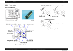 Page 74EPSON AcuLaser C9200NRevision D
OPERATING PRINCIPLES      Operating Principle of Main Unit Mechanism 74
Confidential2.2.14  Fusing section2.2.14.1  Composition
Figure 2-63.  Composition 1
Figure 2-64.  Composition 2
4038T2C119AA
4039T2C119AA
4038T2C191AA
Fusing Pressure Roller  
Heater Lamp (H3) Pressure 
Roller Heating Roller Thermistor/1 (TH1)
Heating Roller Thermistor/2 (TH3)
Heating Roller 
Thermostat (TS1)
Heating Roller Heater Lamp/1 (H1) Heating Roller Heater Lamp/2 (H2)Heating 
Roller
Fusing...