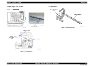 Page 81EPSON AcuLaser C9200NRevision D
OPERATING PRINCIPLES      Operating Principle of Main Unit Mechanism 81
Confidential2.2.15  Paper exit section2.2.15.1  Composition
Figure 2-73.  Composition
2.2.15.2  Drive
Figure 2-74.  Drive overview
4039T2C125AA
4038T2C192AA
4039T2C120AA
Paper Exit Roller
Paper Exit Roller
Exit Sensor Charge 
Neutralizing 
Brush
4039T2C127AA
Fusing Drive Motor 
(M4)
Paper Exit Roller/1 