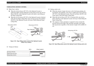 Page 88EPSON AcuLaser C9200NRevision D
OPERATING PRINCIPLES      Operating principle of Option mechanism 88
ConfidentialPAPER LIFTING MOTION CONTROL†
When Tray is slid in„
When the Lift-Up Sensor (PC7-PC) of the Optional Cassette is 
unblocked (OFF) with the Optional Cassette being closed, the Lift-Up 
Motor (M3-PC) of the Optional Cassette will rotate to start lifting up 
the Paper Lifting Plate.
„
When the Lift-Up Sensor (PC7-PC) of the Optional Cassette is blocked 
(ON) after the Paper Lifting Plate starts...