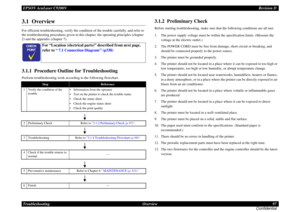 Page 97EPSON AcuLaser C9200NRevision D
Troubleshooting      Overview 97
Confidential3.1  OverviewFor efficient troubleshooting, verify the condition of the trouble carefully, and refer to 
the troubleshooting procedures given in this chapter, the operating principles (chapter 
2) and the appendix (chapter 7).3.1.1  Procedure Outline for TroubleshootingPerform troubleshooting work according to the following flowchart.
.
3.1.2  Preliminary CheckBefore starting troubleshooting, make sure that the following...