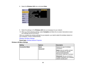 Page 558. Select the
Wireless LAN menu and press Enter.
9. Select the settings on the Wireless LANmenu as necessary for your network.
10. When you finish selecting settings, select Completeand follow the on-screen instructions to save
your settings and exit the menus.
After you complete the wireless settings for your projector, you need to select the wireless network on
your computer, or iOS or Android device.
Wireless LAN Menu Settings
Parent topic: Wireless Network Projection
Wireless LAN Menu Settings...