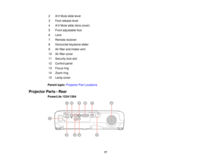 Page 172 A/V Mute slide lever
3 Foot release lever
4 A/V Mute slide (lens cover)
5 Front adjustable foot
6 Lens
7 Remote receiver
8 Horizontal keystone slider
9 Air filter and intake vent
10 Air filter cover
11 Security lock slot
12 Control panel
13 Focus ring
14 Zoom ring
15 Lamp cover
Parent topic: Projector Part Locations
Projector Parts - Rear PowerLite 1224/1264
17  